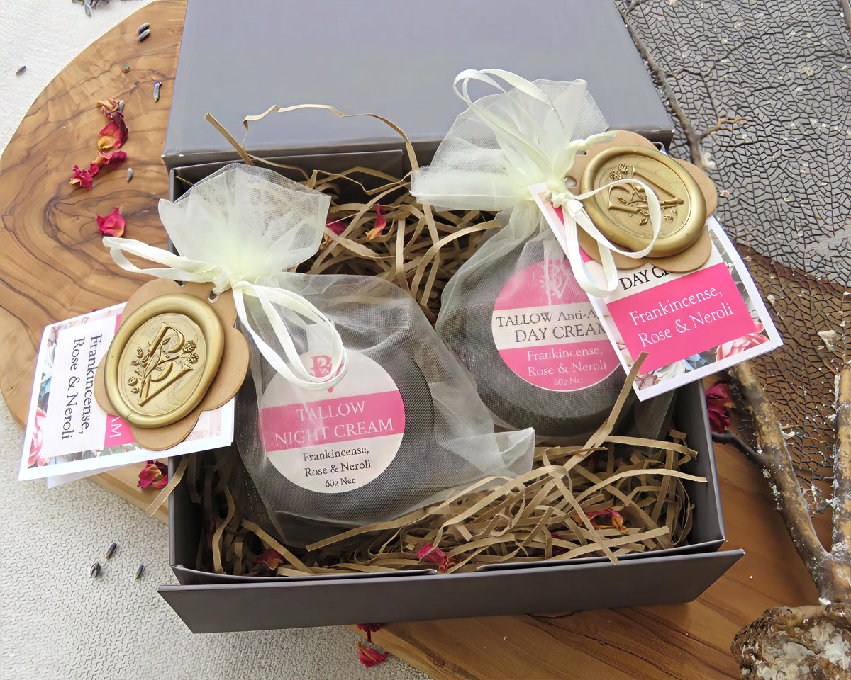 Skin Care Gift Set: Tallow Anti-Ageing Day and Night Face Creams,  Frankincense, Rose, Neroli and Organic Grass Fed Tallow