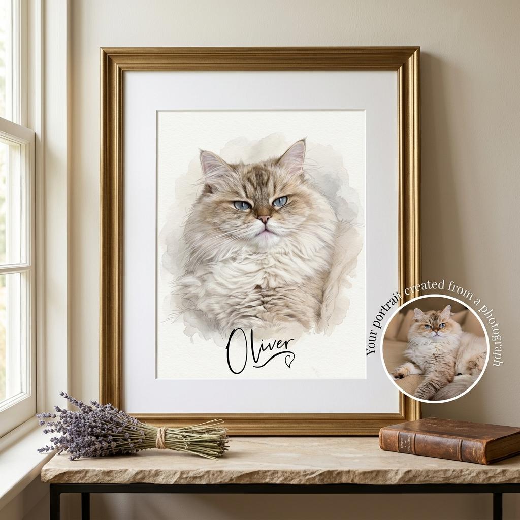 Custom Pet Portrait From Photo, Dog Cat Art Print, Personalised Keepsake