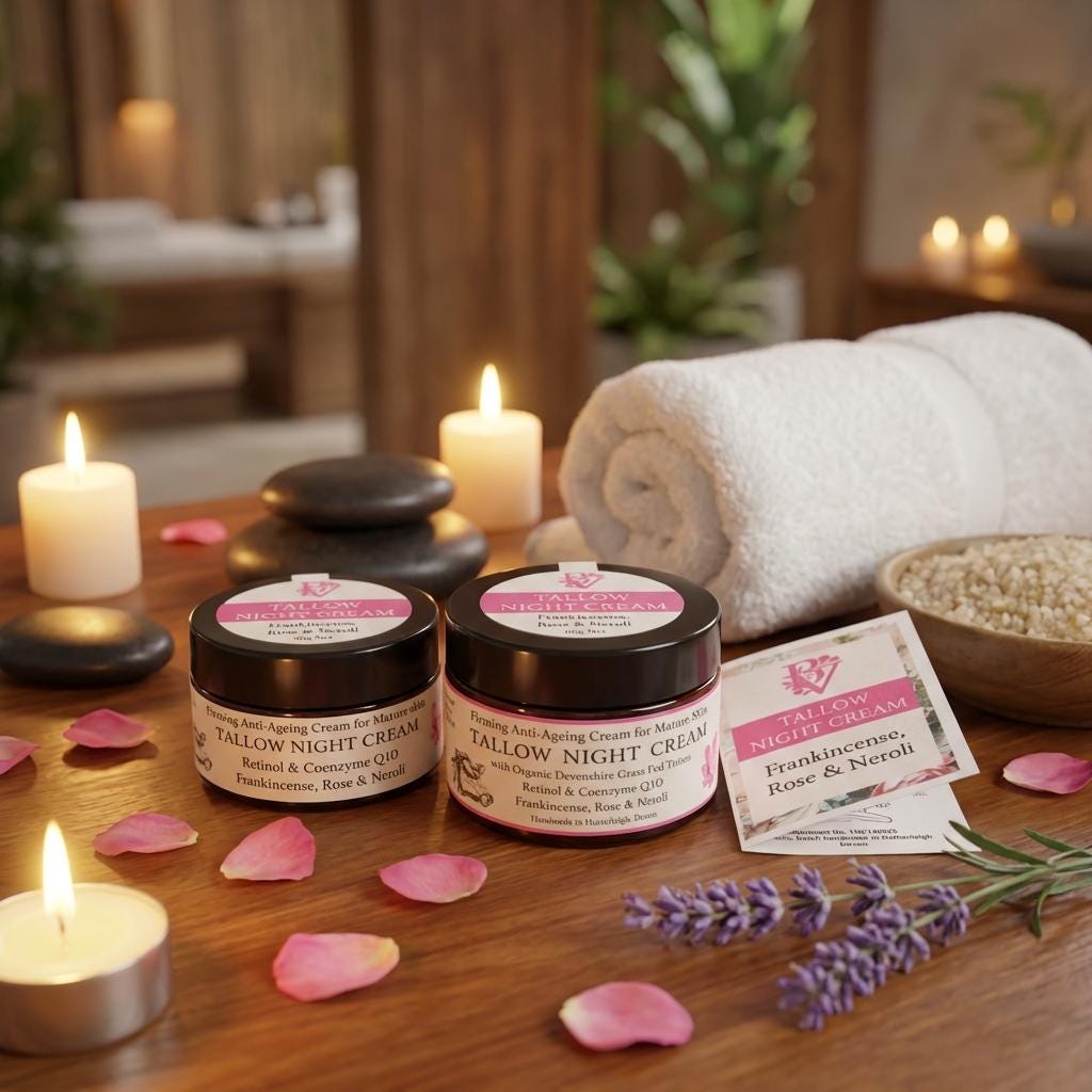 Tallow Night Face Cream - Anti-Ageing Skincare with Rosehip Oil, Retinol, Q10, Frankincense, Rose & Neroli