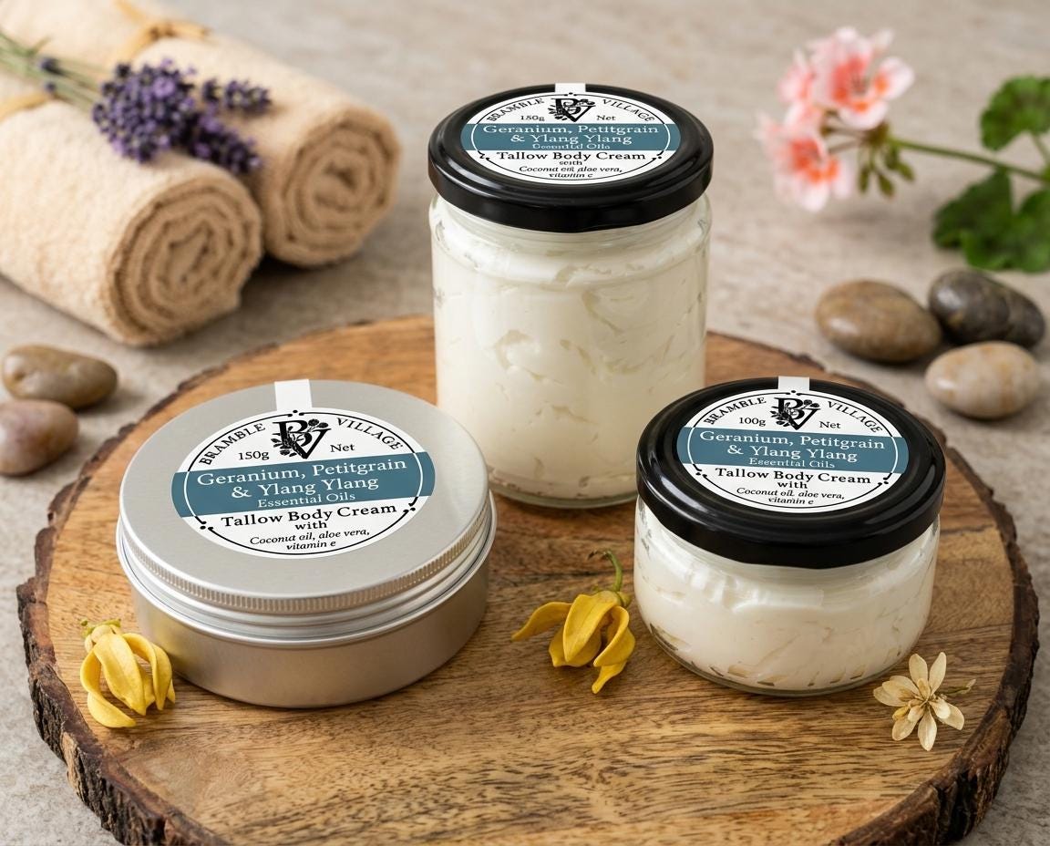 Tallow Body Cream - Geranium, Petitgrain & Ylang Ylang Essential Oils, Body Moisturiser with Organic Grass-Fed Tallow