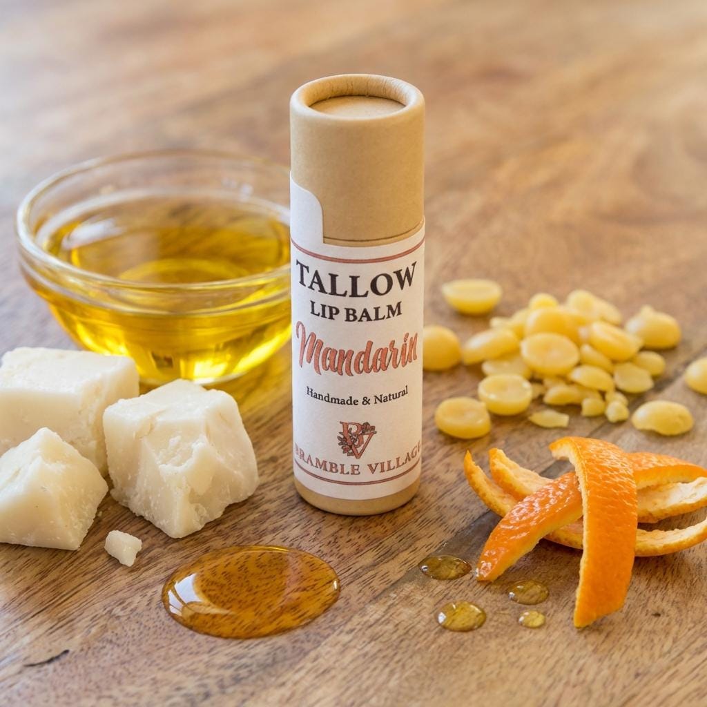 Tallow Lip Balm,  Organic Grass Fed, with Beeswax and Pure Essential Oils