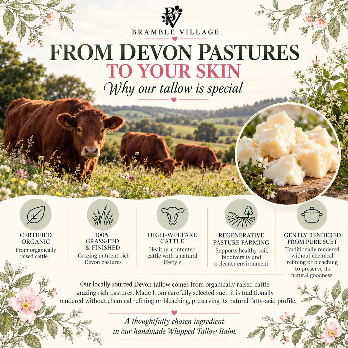 Tallow Body Cream - Rose & Patchouli Essential Oils, Organic Devon Grass-Fed,  Body Moisturiser
