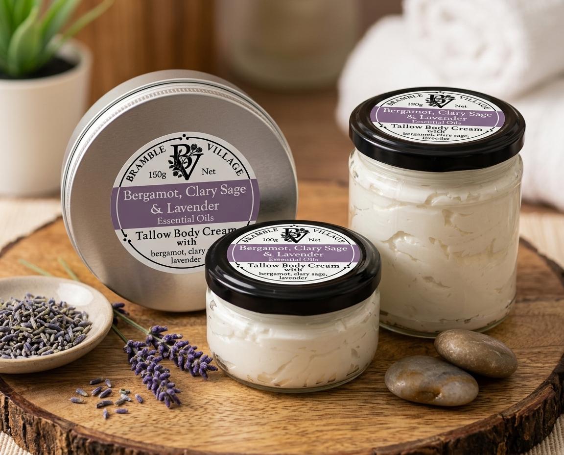 Tallow Body Cream - Bergamot, Lavender & Clary Sage Essential Oils, Body Moisturiser with Organic Grass-Fed Tallow