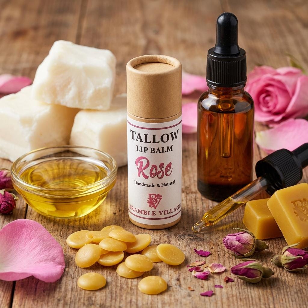 Tallow Lip Balm,  Organic Grass Fed, with Beeswax and Pure Essential Oils