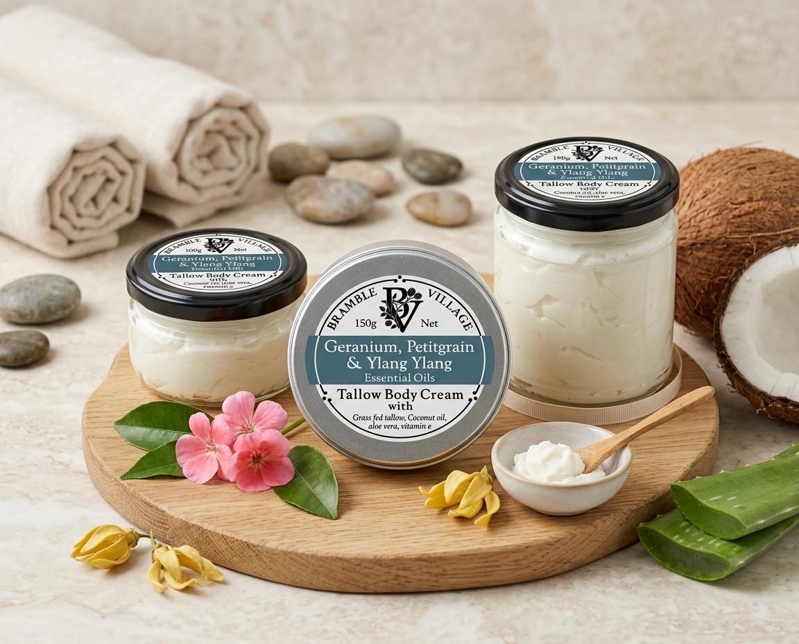 Tallow Body Cream - Geranium, Petitgrain & Ylang Ylang Essential Oils, Body Moisturiser with Organic Grass-Fed Tallow