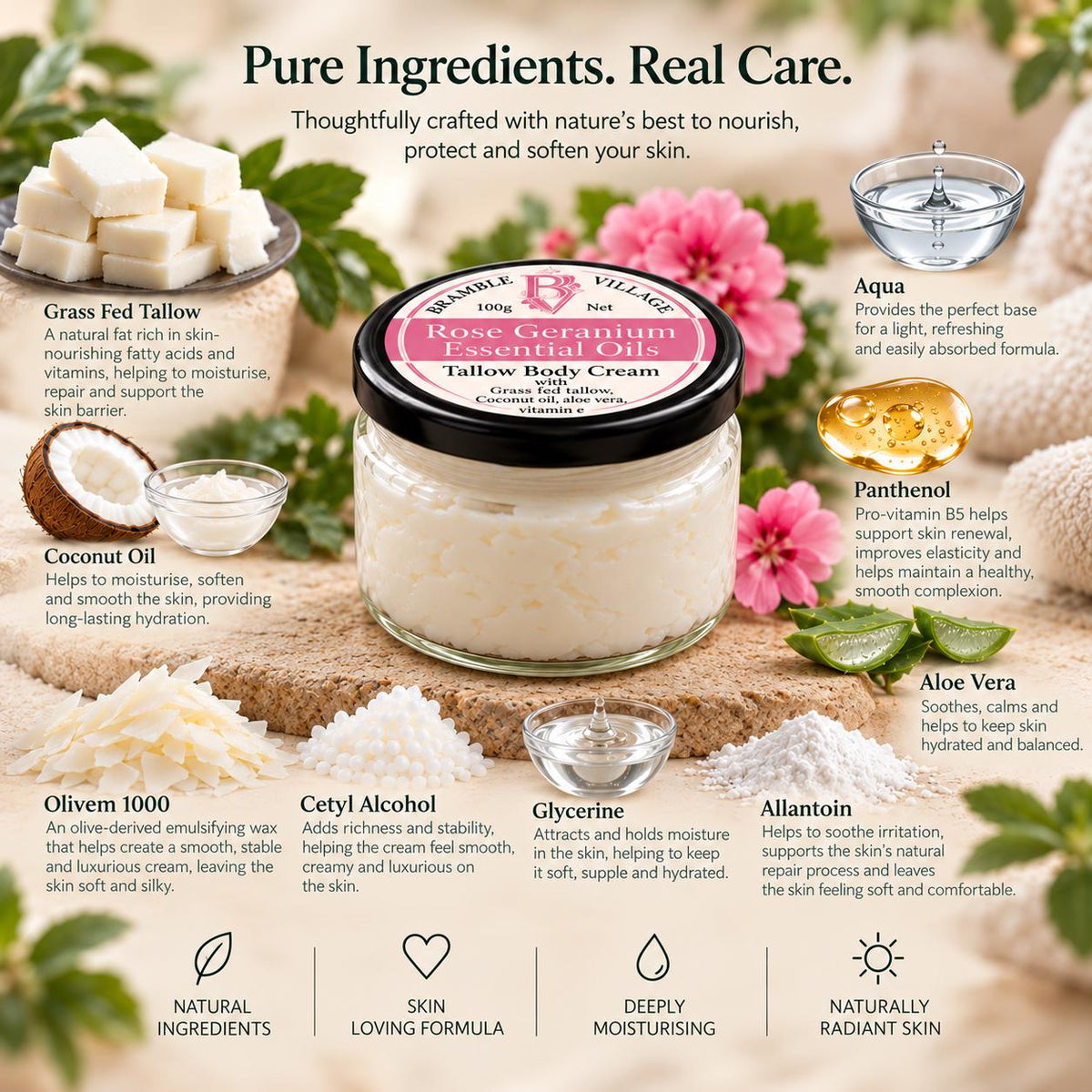 Tallow Body Cream - Geranium and Orange Essential Oils, Organic Grass-Fed, Body Moisturiser