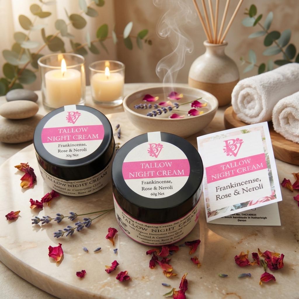 Tallow Night Face Cream - Anti-Ageing Skincare with Rosehip Oil, Retinol, Q10, Frankincense, Rose & Neroli