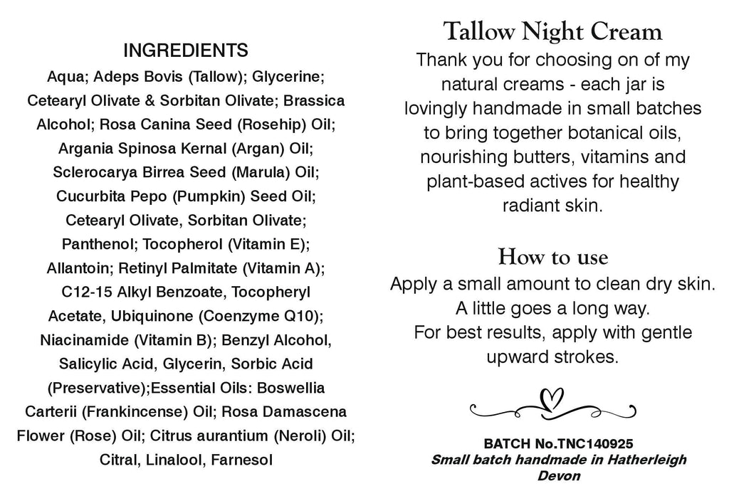 Tallow Night Face Cream, Sample Only - Anti-Ageing Skincare, Organic Grass Fed Tallow