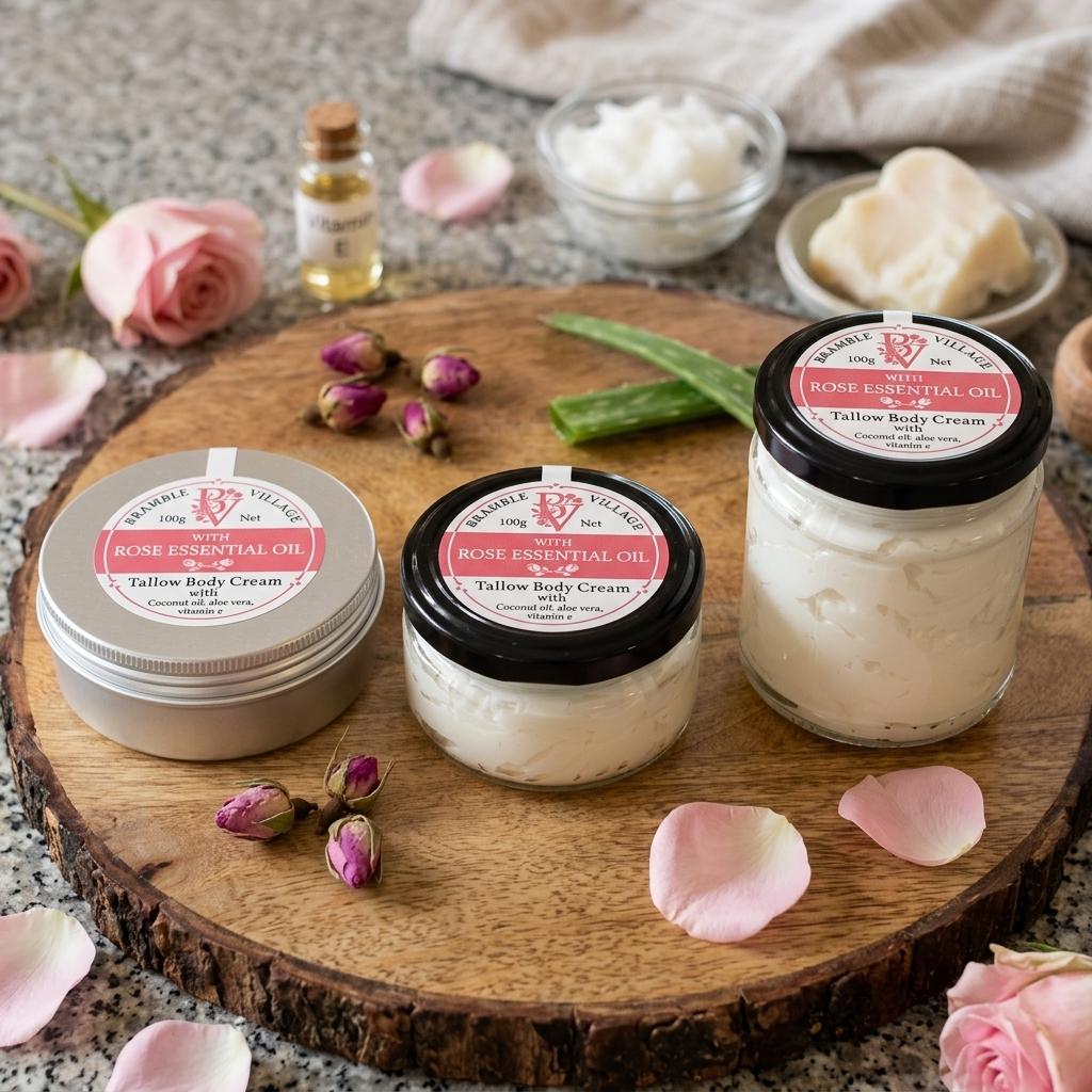 Tallow Body Cream - Rose Essential Oil, Organic Devon Grass-Fed, Body Moisturiser