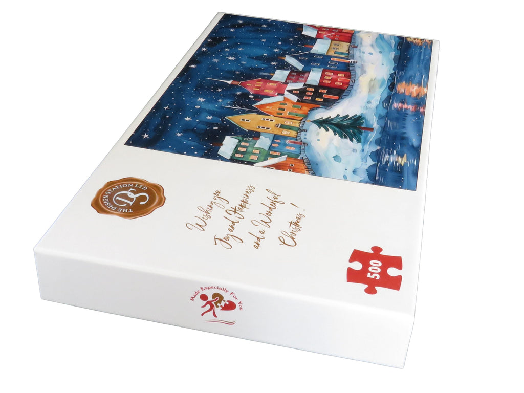 Adult Jigsaw Puzzle: Starry Night Christmas Houses 500 or 1000 Pieces, Personalised Message