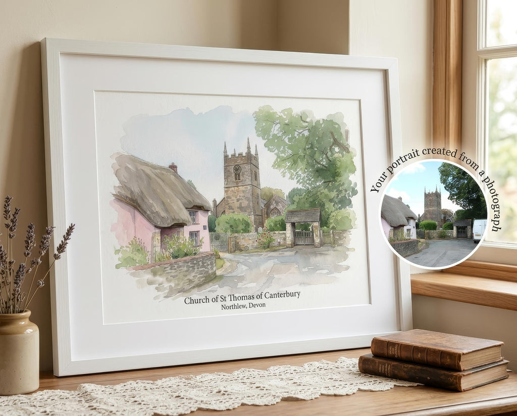 Personalised Wedding Venue Portrait from Photo, Custom Church Art Print, Wedding Anniversary Gift, Church Keepsake