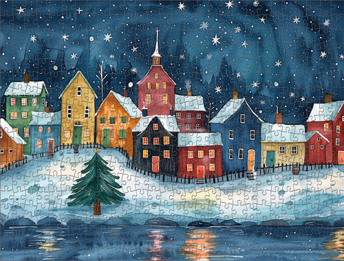 Adult Jigsaw Puzzle: Starry Night Christmas Houses 500 or 1000 Pieces, Personalised Message