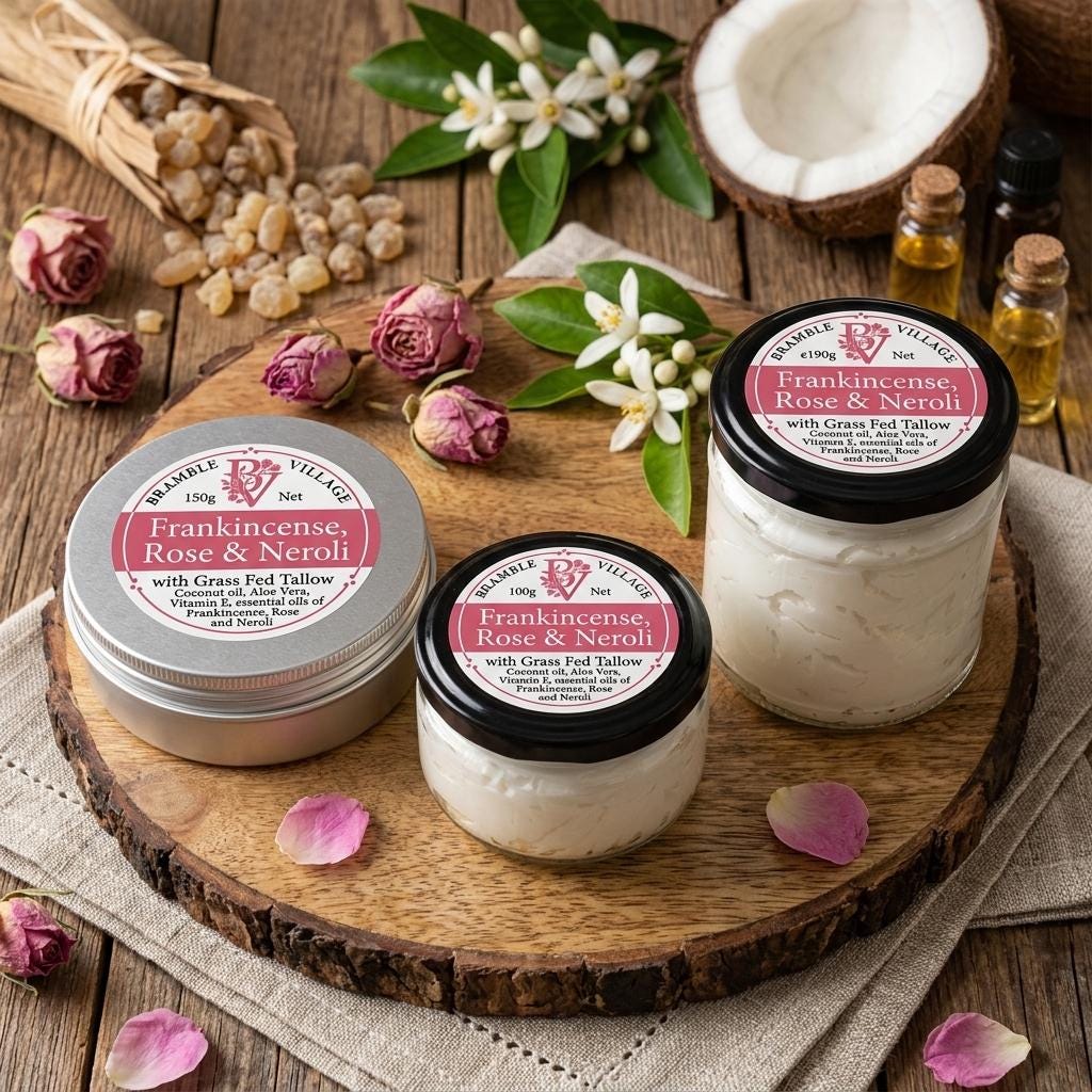 Tallow Body Cream - Frankincense, Rose and Neroli, Organic Grass-Fed. Body Moisturiser