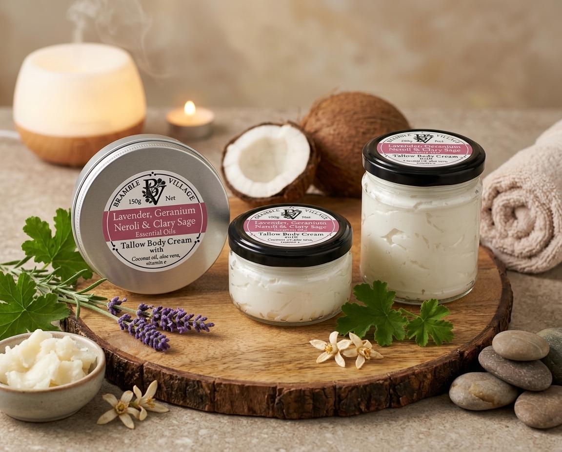 Tallow Body Cream - Lavender, Geranium, Neroli & Clary Sage Essential Oils, Body Moisturiser with Organic Grass-Fed Tallow