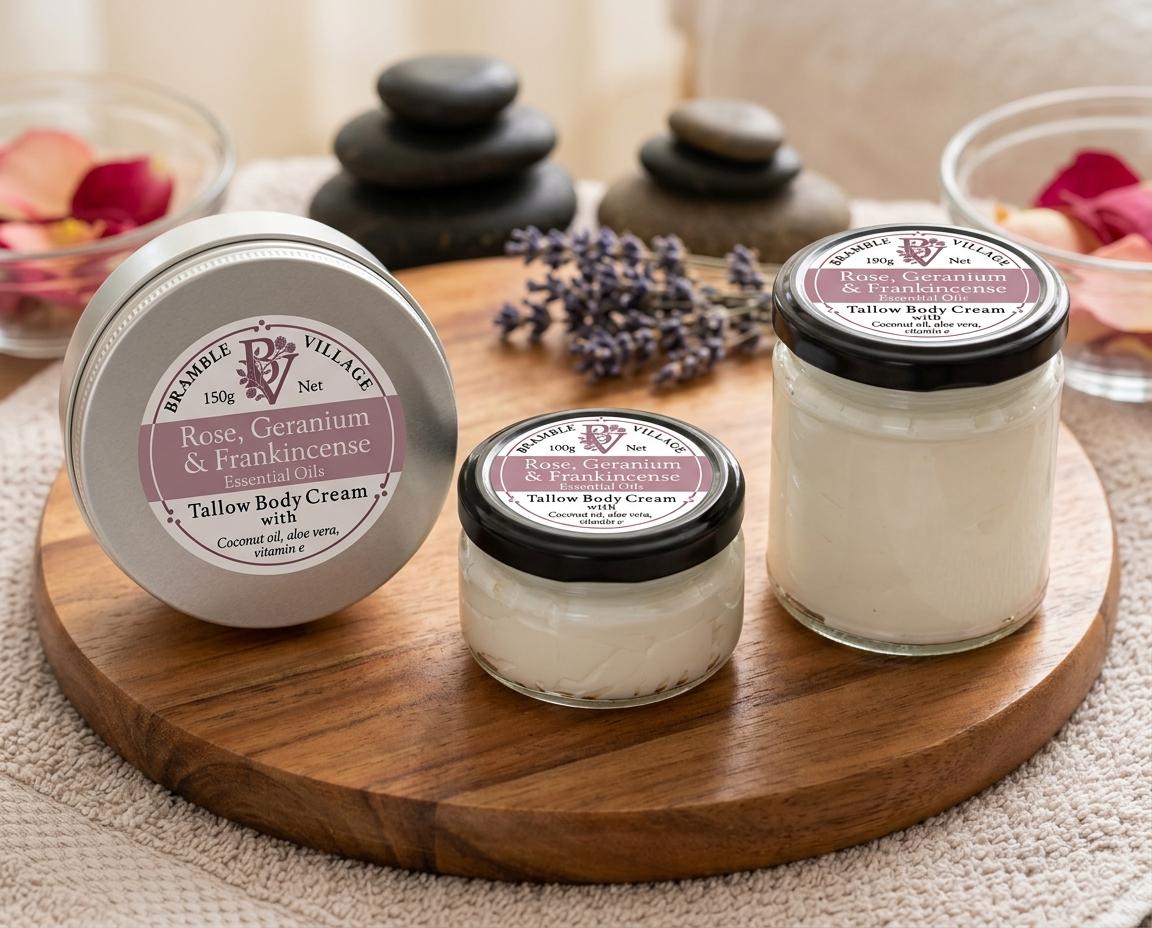 Tallow Body Cream - Rose, Geranium & Frankincense Essential Oils, Organic Grass-Fed, Body Moisturiser