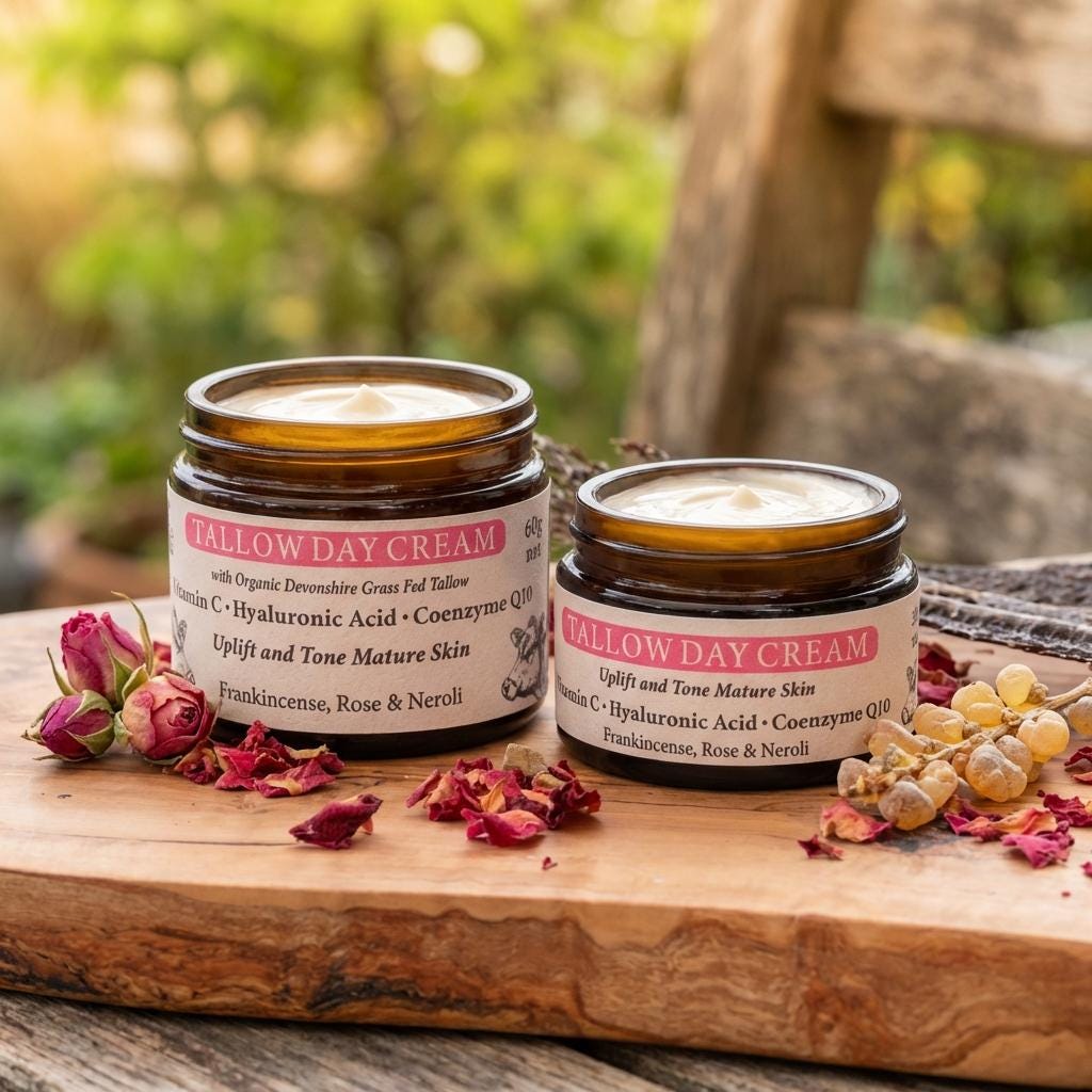 Tallow Day Face Cream: Anti Aging with Rosehip, Vitamin C, Hyaluronic Acid and Q10, with Organic Grass Fed Tallow