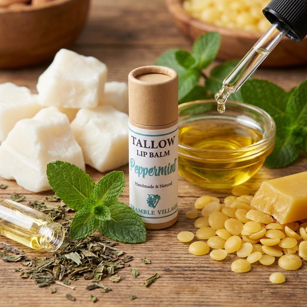 Tallow Lip Balm,  Organic Grass Fed, with Beeswax and Pure Essential Oils