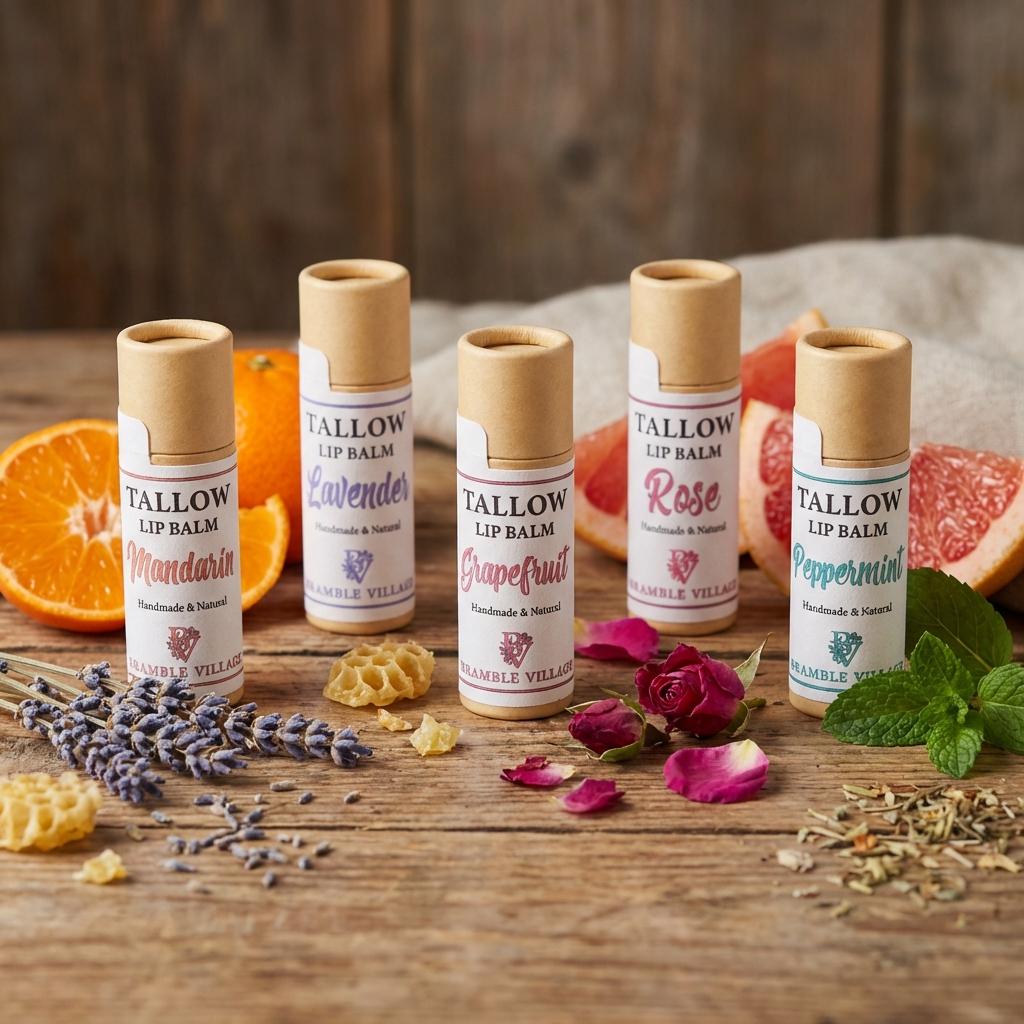 Tallow Lip Balm,  Organic Grass Fed, with Beeswax and Pure Essential Oils
