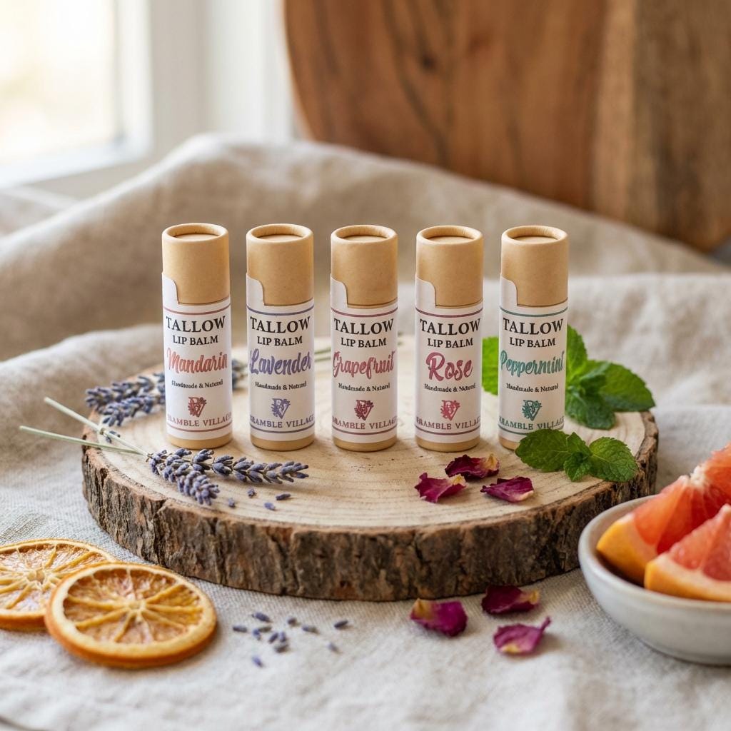 Tallow Lip Balm,  Organic Grass Fed, with Beeswax and Pure Essential Oils
