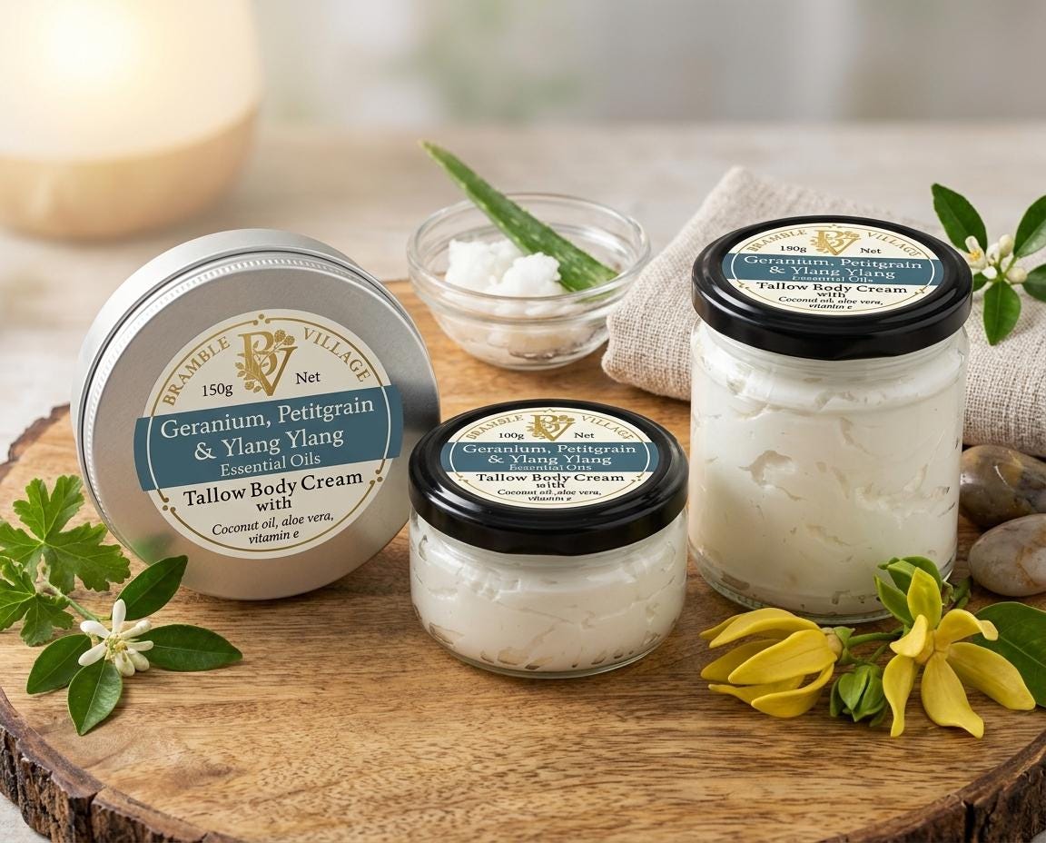 Tallow Body Cream - Geranium, Petitgrain & Ylang Ylang Essential Oils, Body Moisturiser with Organic Grass-Fed Tallow