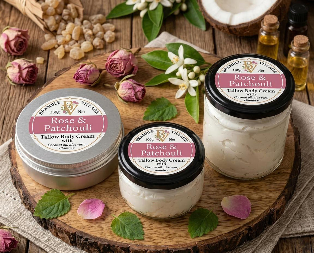 Tallow Body Cream - Rose & Patchouli Essential Oils, Organic Devon Grass-Fed,  Body Moisturiser