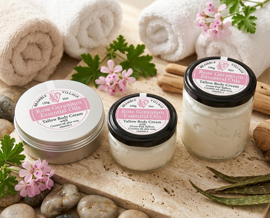 Tallow Body Cream - Rose Geranium Essential Oils, Organic Grass-Fed Tallow, Body Moisturiser