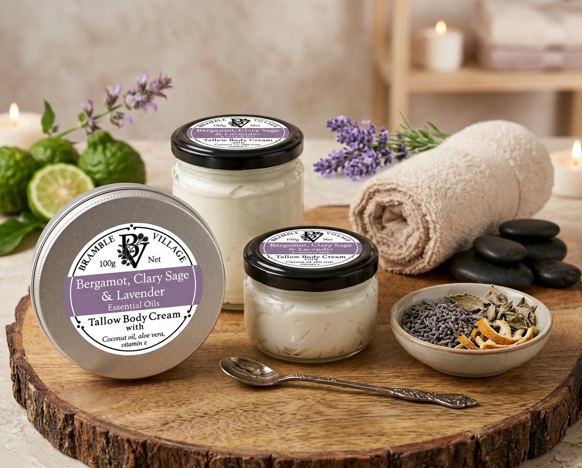 Tallow Body Cream - Bergamot, Lavender & Clary Sage Essential Oils, Body Moisturiser with Organic Grass-Fed Tallow